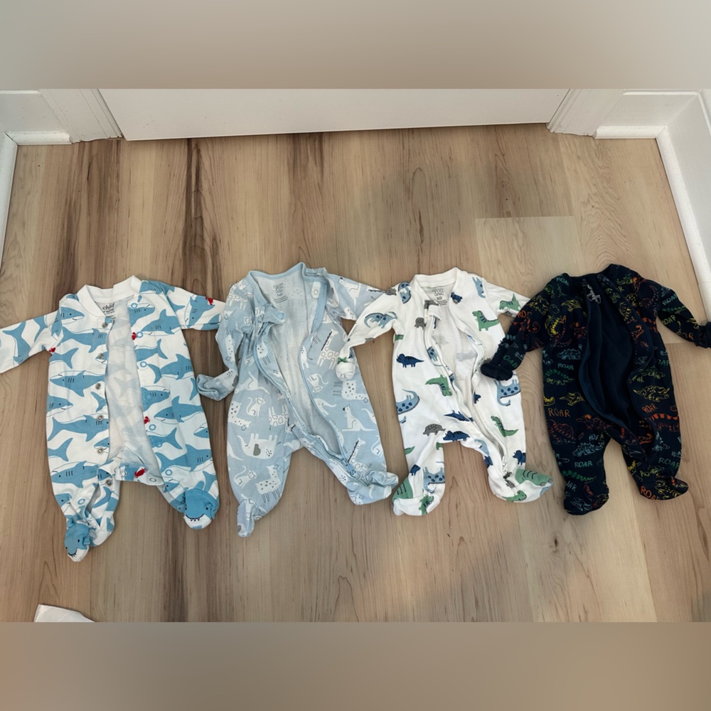 Newborn boy - set of 4 footed sleepers - dinosaurs, animals, and sharks
